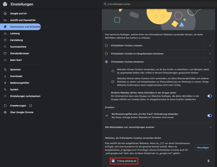 Chrome Drittanbieter Cookies custom