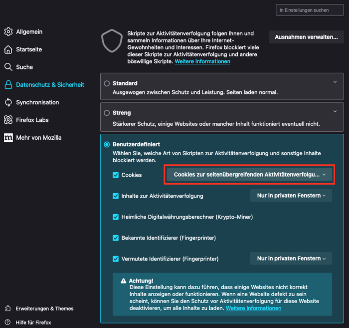 Firefox Cookies Benutzerdefiniert