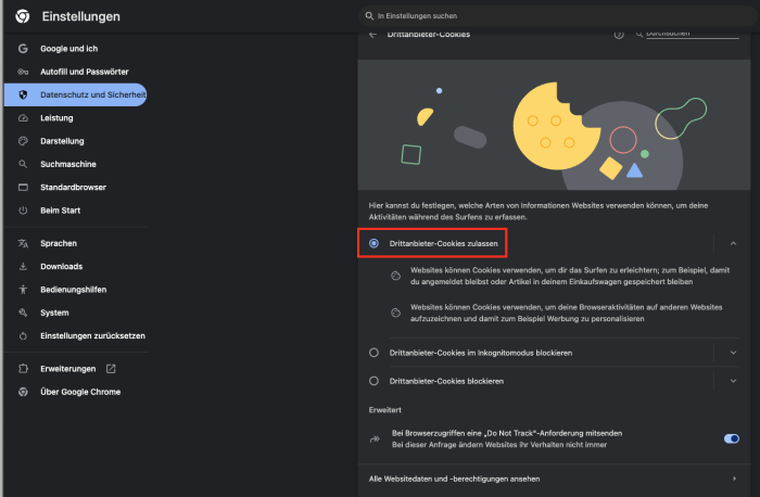 Chrome Drittanbieter Cookies